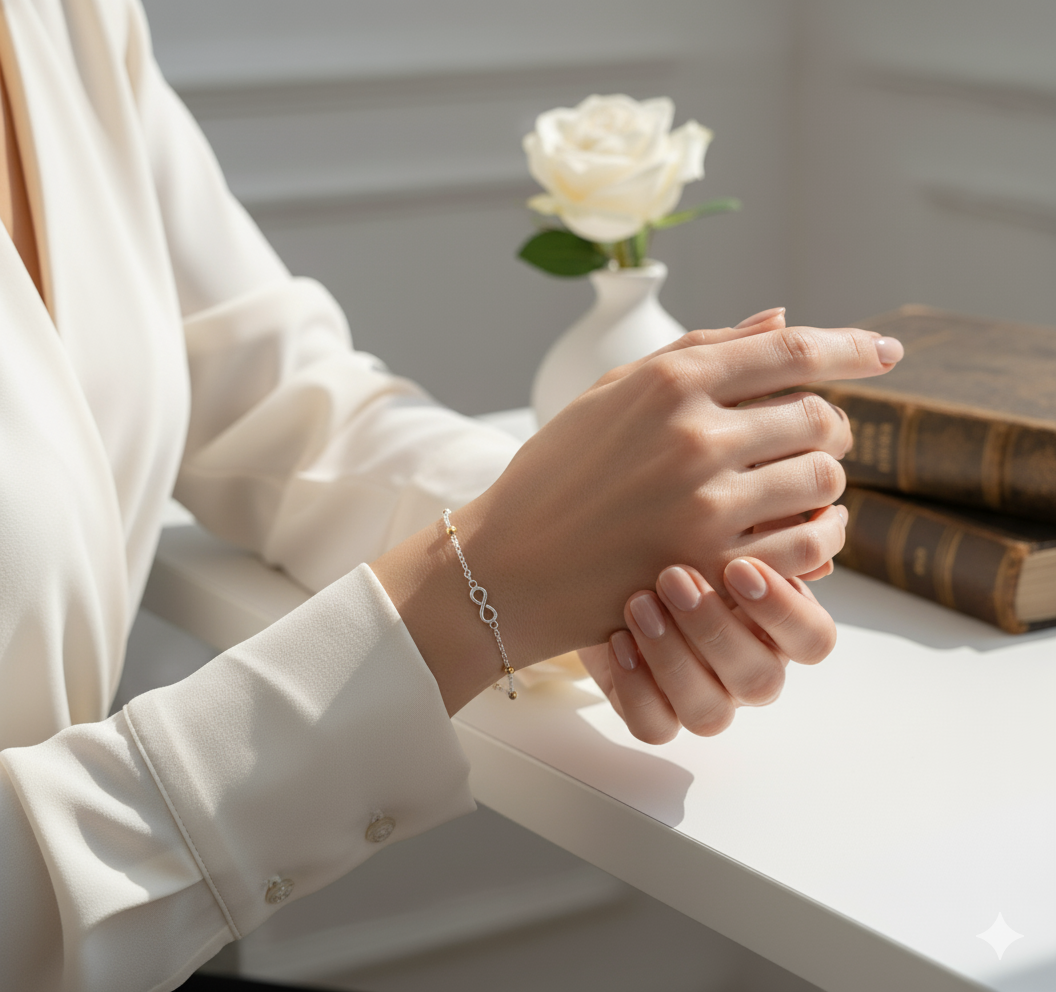 Woman's hands resting on a white table, wearing a delicate silver bracelet, with a white rose in a small white vase and vintage books nearby.
