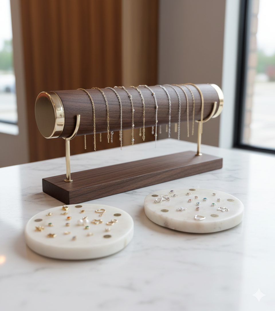 Elegant display of diverse filled gold and silver permanent jewellery chains on a modern wooden and brass stand, with two white marble trays showcasing a wide selection of tiny charms and birthstones.