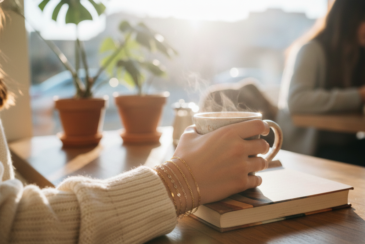Lifestyle image of a woman wearing a stack of delicate permanent gold chain bracelets while relaxing in a sunlit café, holding a steaming mug of coffee over a book.