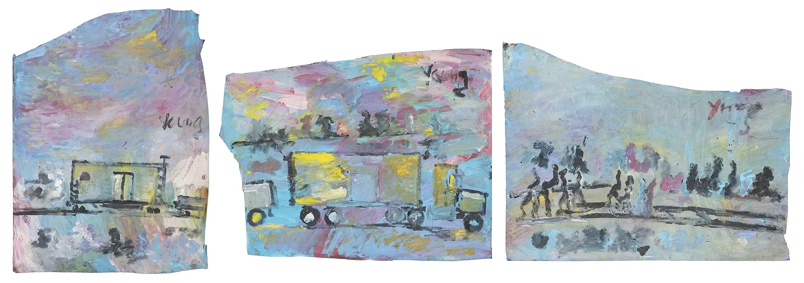 Title: Three Train and Truck Paintings  Artist: Purvis Young  Year: c. late 20th century