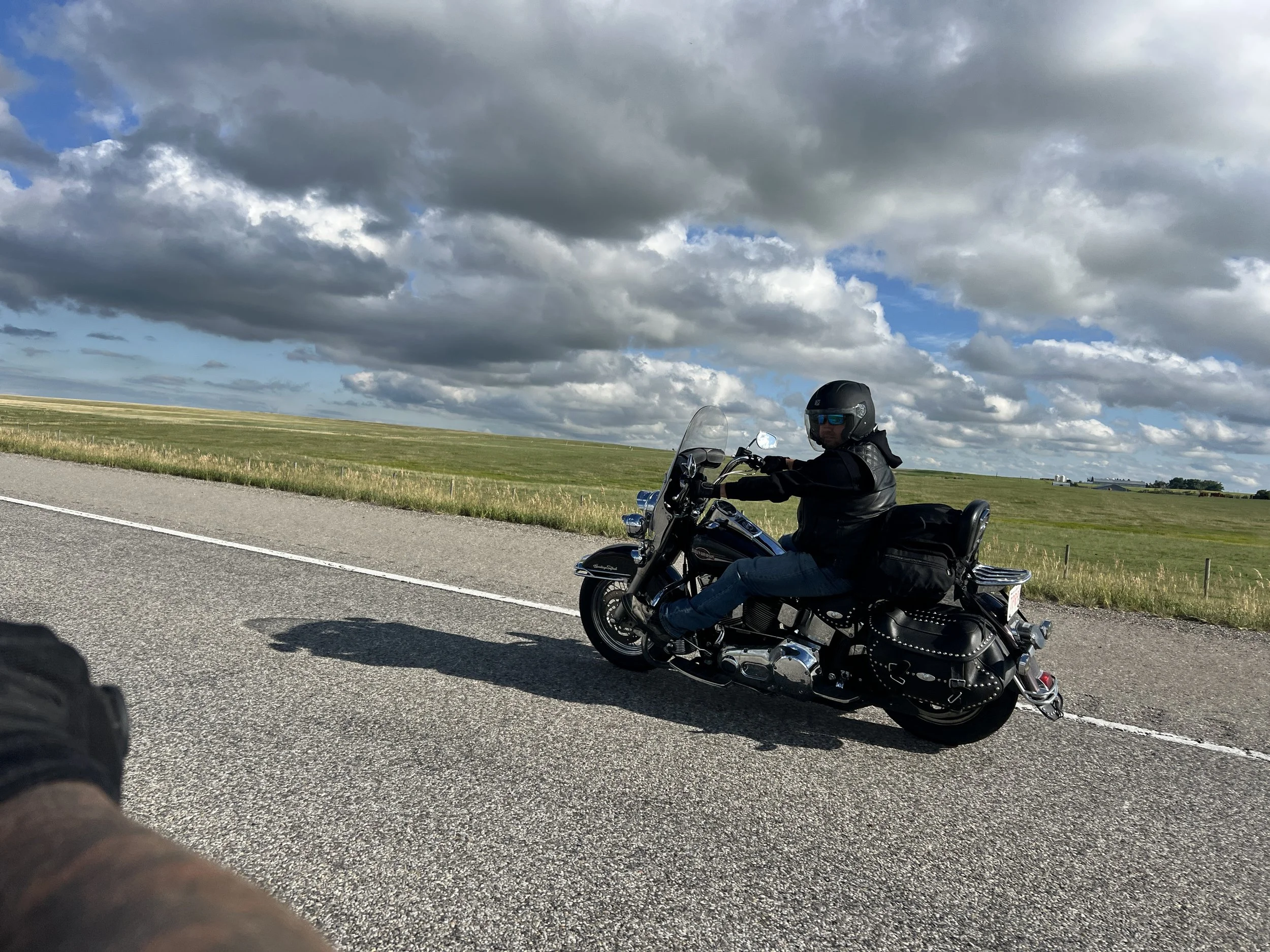 A motorcyclist wearing a black helmet, sunglasses, a black jacket, and jeans riding a black Harley-Davidson motorcycle on a highway under a partly cloudy sky, with green fields in the background.