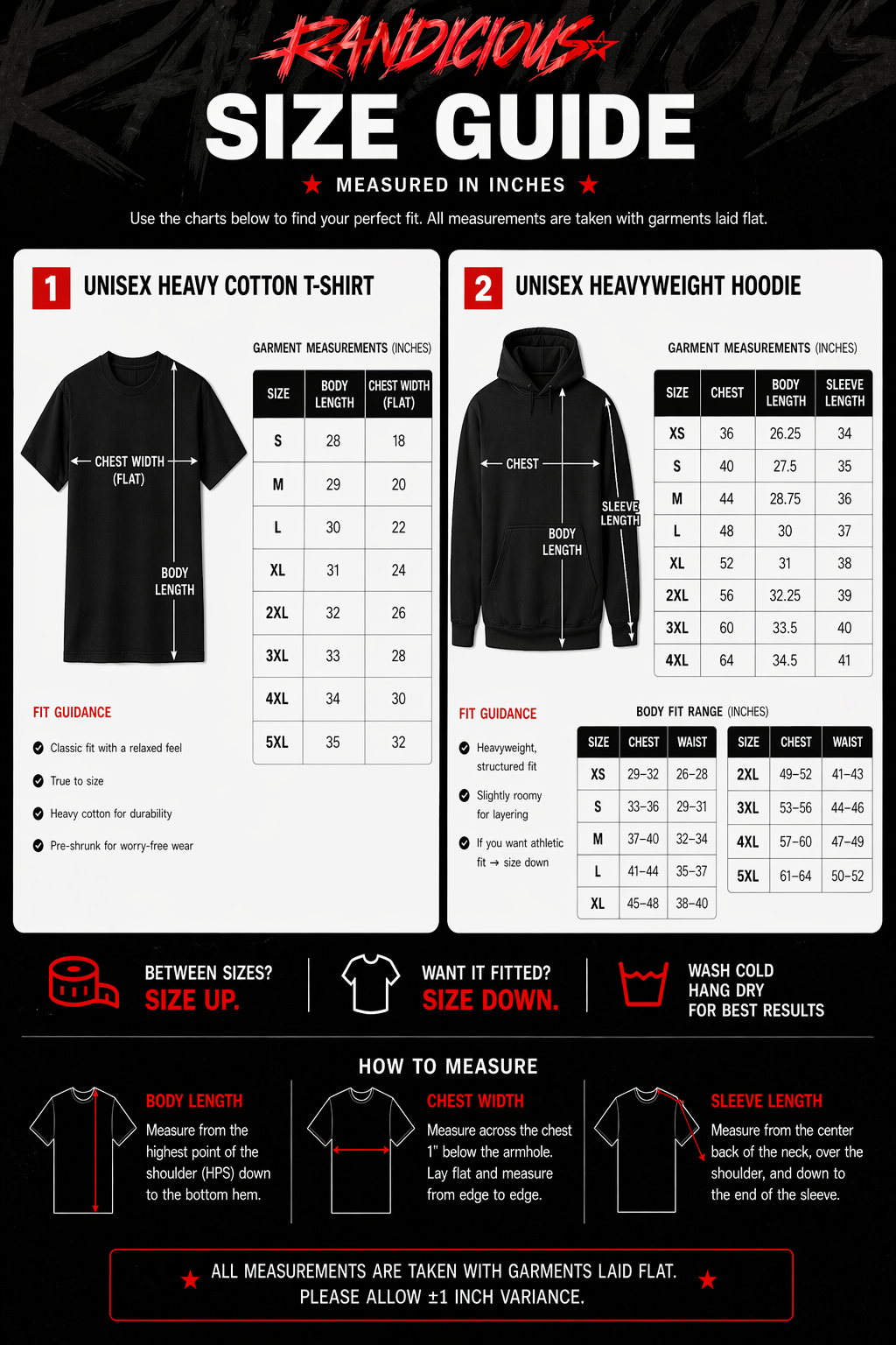 Sizing guide for the t shirts and hoodie