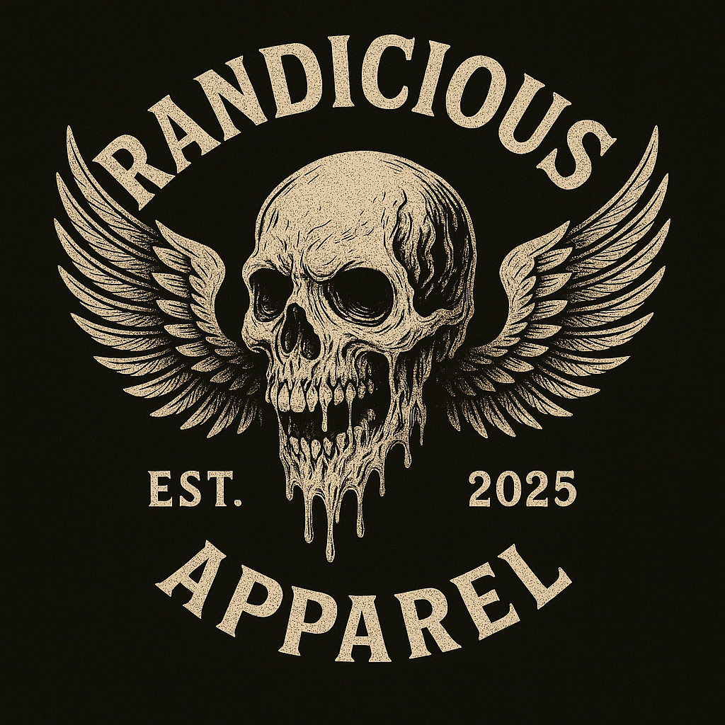 A logo with a skull and wings, with the words 'Randidicious Apparel,' 'EST. 2025,' arranged around it on a black background.