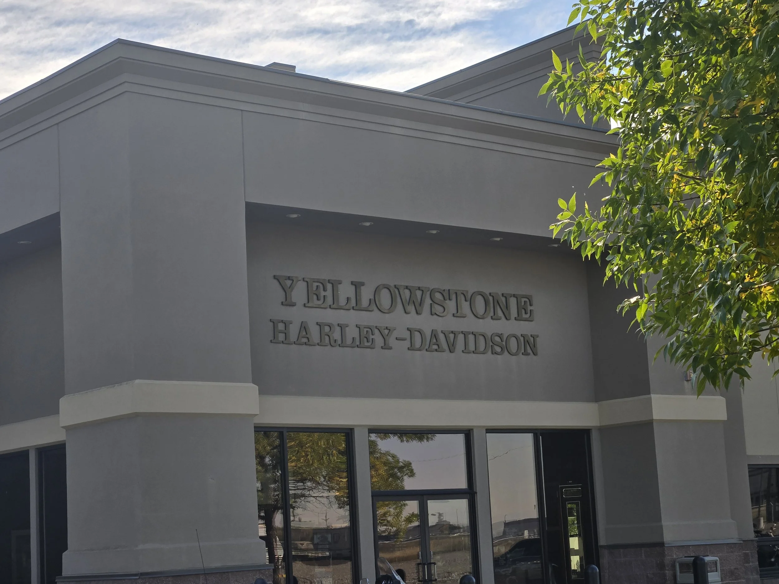 Exterior view of Yellostone Harley-Davidson dealership building with gray walls, glass windows, and a side tree with green leaves.