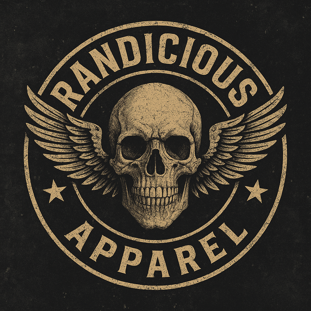 A graphic design featuring a skull with wings and the words 'Randicious Apparel' in a circular layout.