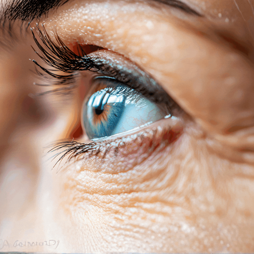 Close-up of a human eye with blue iris, detailed eyelashes, and reflected patterns in the pupil.