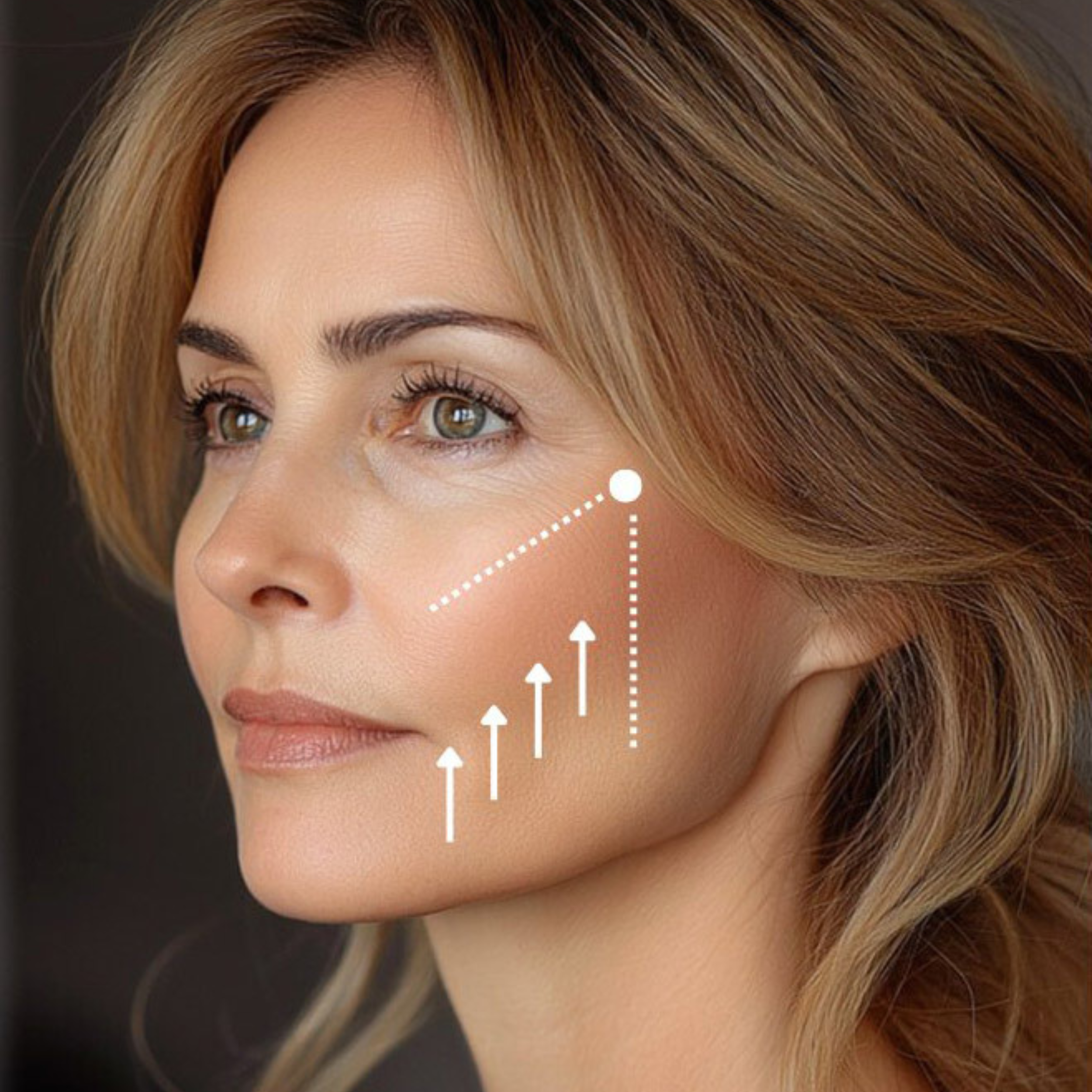 Close-up of a woman's face with facial contouring and skincare graphics indicating lifting and highlighting areas.
