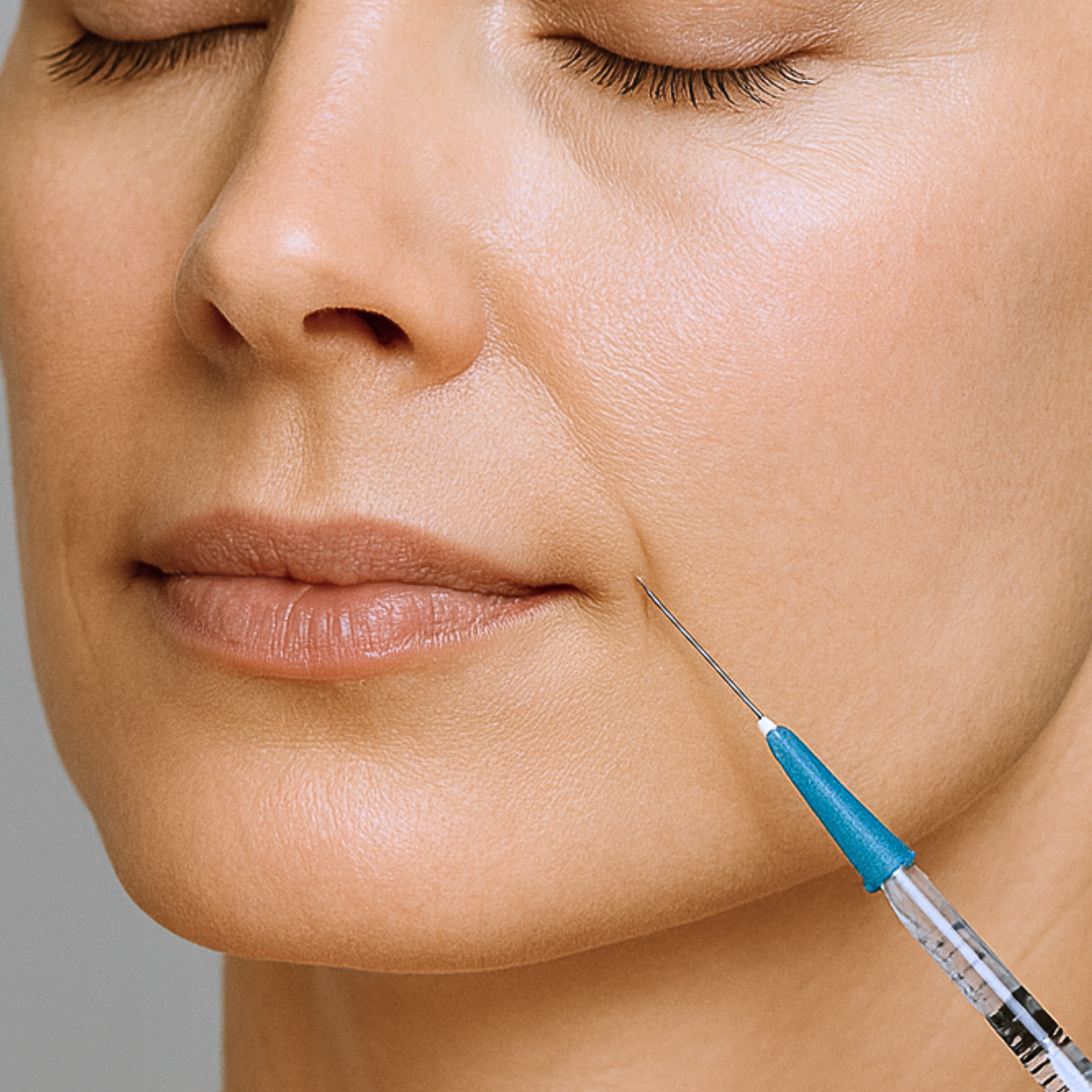 Close-up of a woman's face with closed eyes, receiving a cosmetic injection near her cheek.