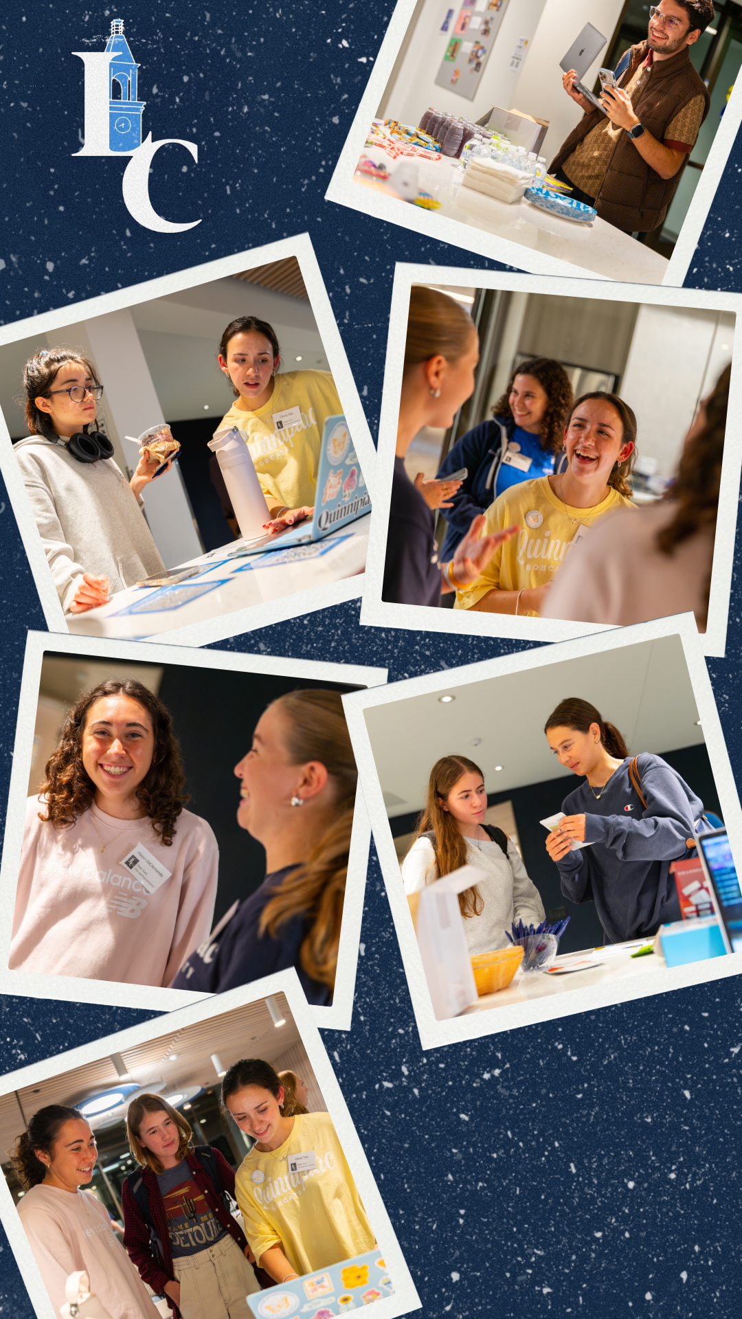 Group of young women participating in an indoor event, engaging in conversations, browsing tables with items, and smiling.