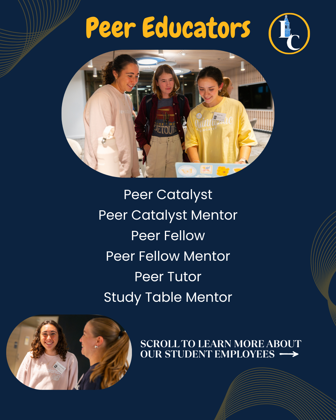 Flyer for peer educator program showing a photo of three young women smiling and talking, with a smaller photo of two women smiling and conversing, and a list of peer roles including mentor, fellow, tutor, and study table mentor.