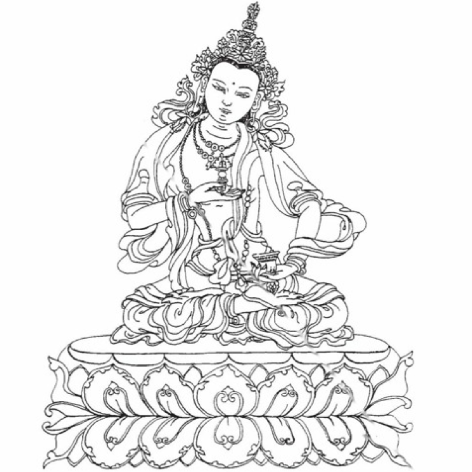Black and white line drawing of a seated deity figure on an ornate lotus pedestal. Entelechy.