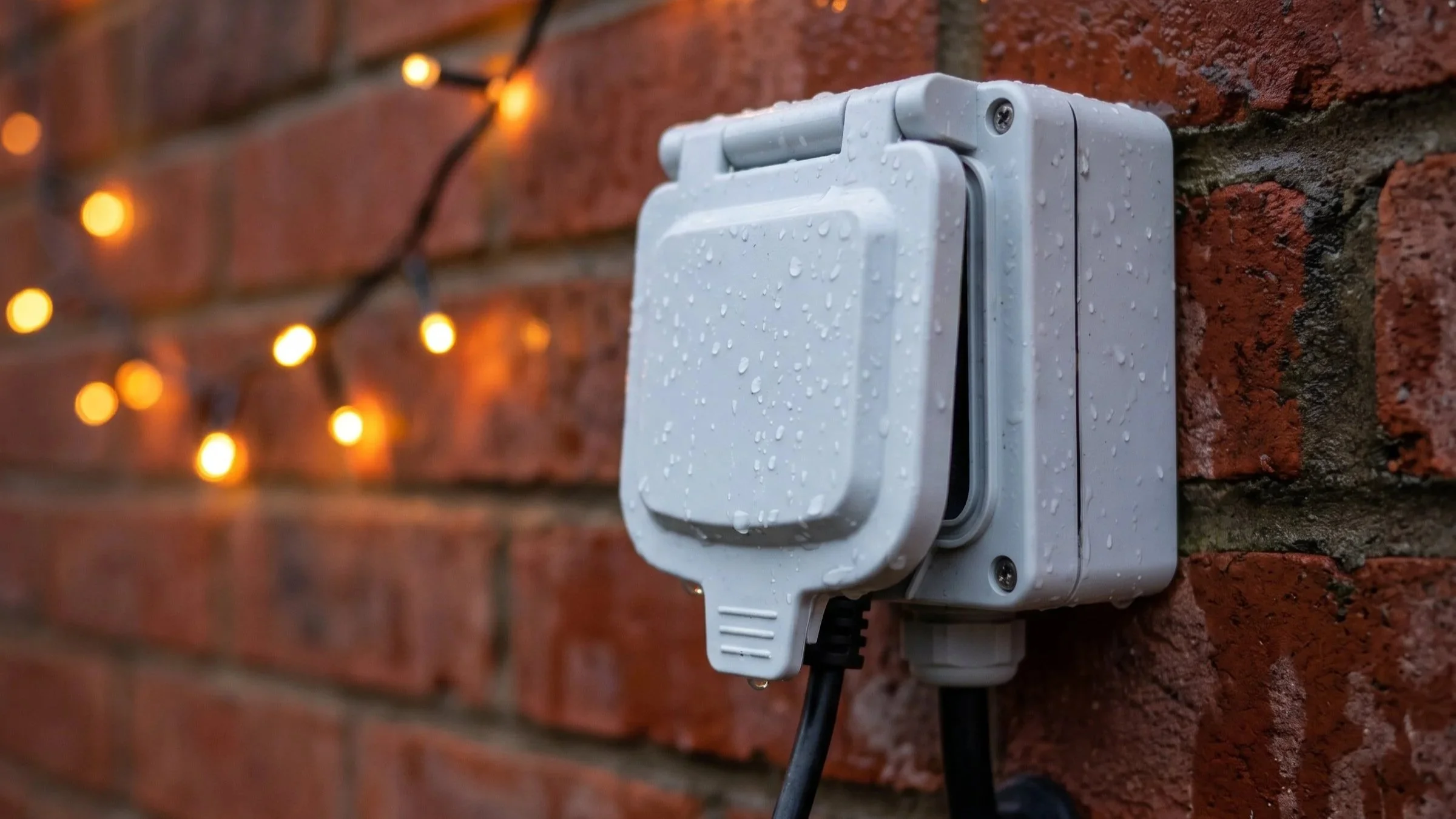 Weatherproof outdoor socket with the lid closed in the rain, powering Christmas lights safely