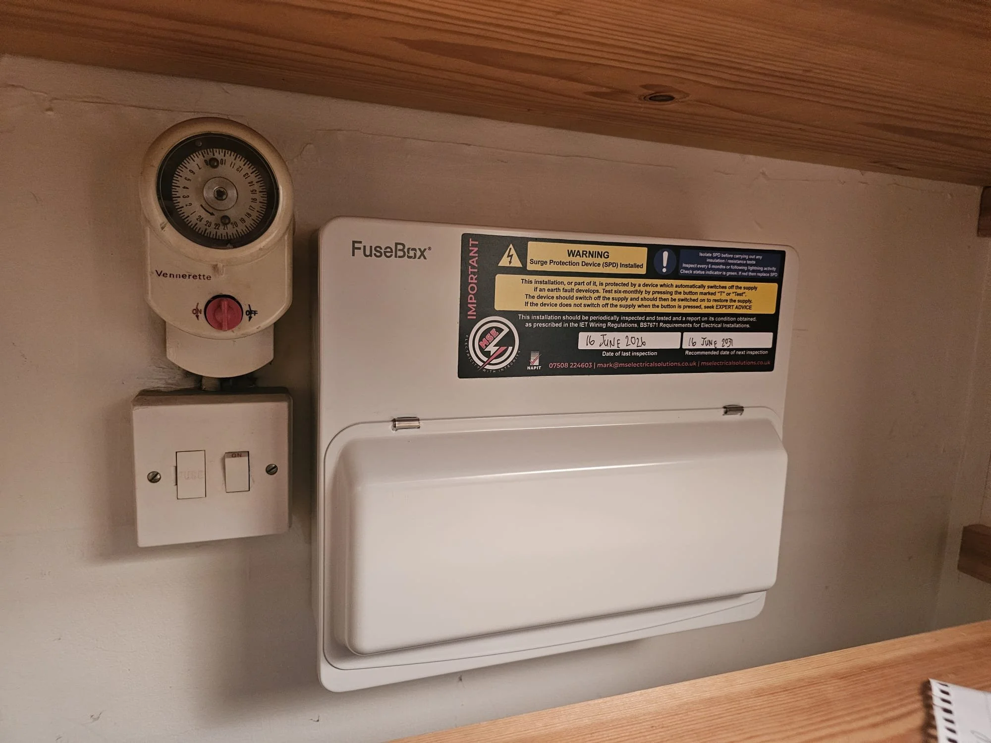 New FuseBox consumer unit fitted beside a timer switch and fused spur, Crawley