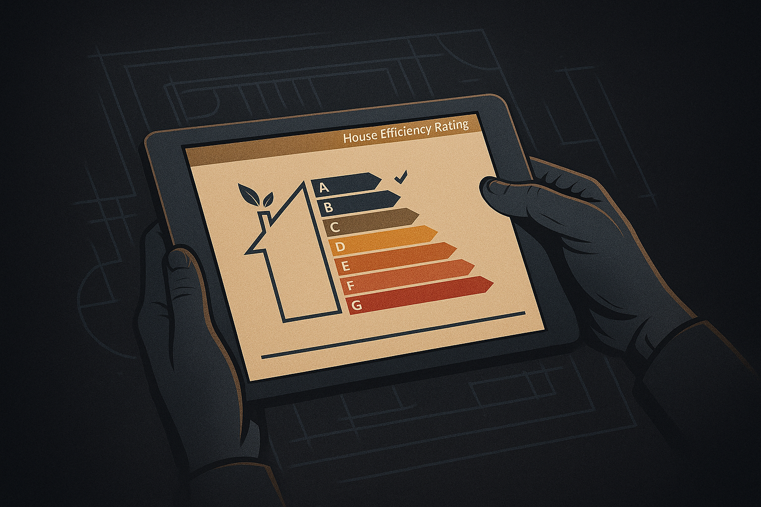 A hand holding a tablet displaying a house flow chart with a leaf and a graph, and a house efficiency rating scale from A to G, with A marked as the most efficient.