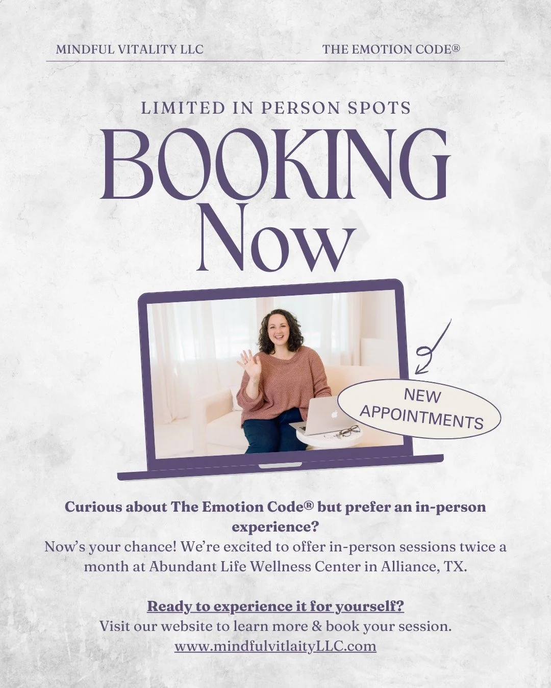 Curious about The Emotion Code&reg; but love the idea of an in-person session? Now&rsquo;s your chance! 

We&rsquo;re thrilled to offer limited in-person appointments twice a month at Abundant Life Wellness Center in Alliance, TX. 

Ready to experien