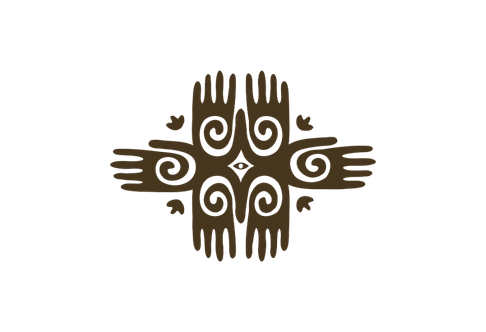 Decoratieve tribal patroon met uitgeholde handafdrukken en hartmotieven in bruin en zwart.