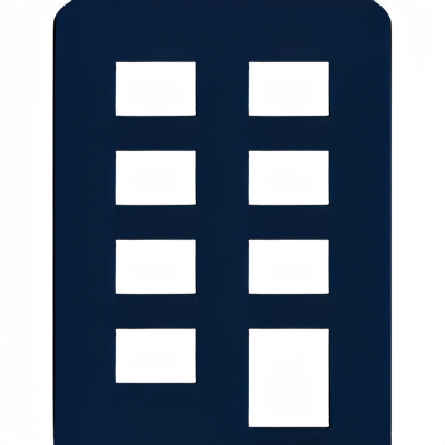 A dark building with several rectangular windows, some with lights visible inside.