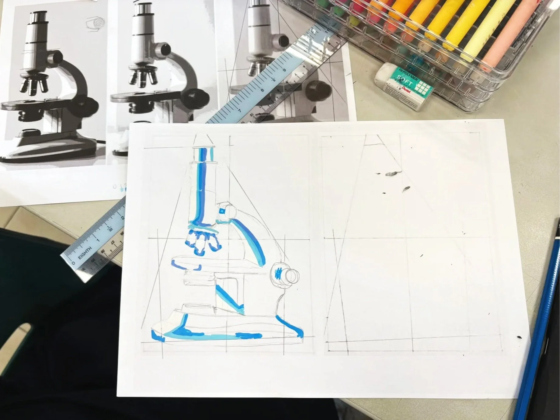 Student drawing of microscope with general lines