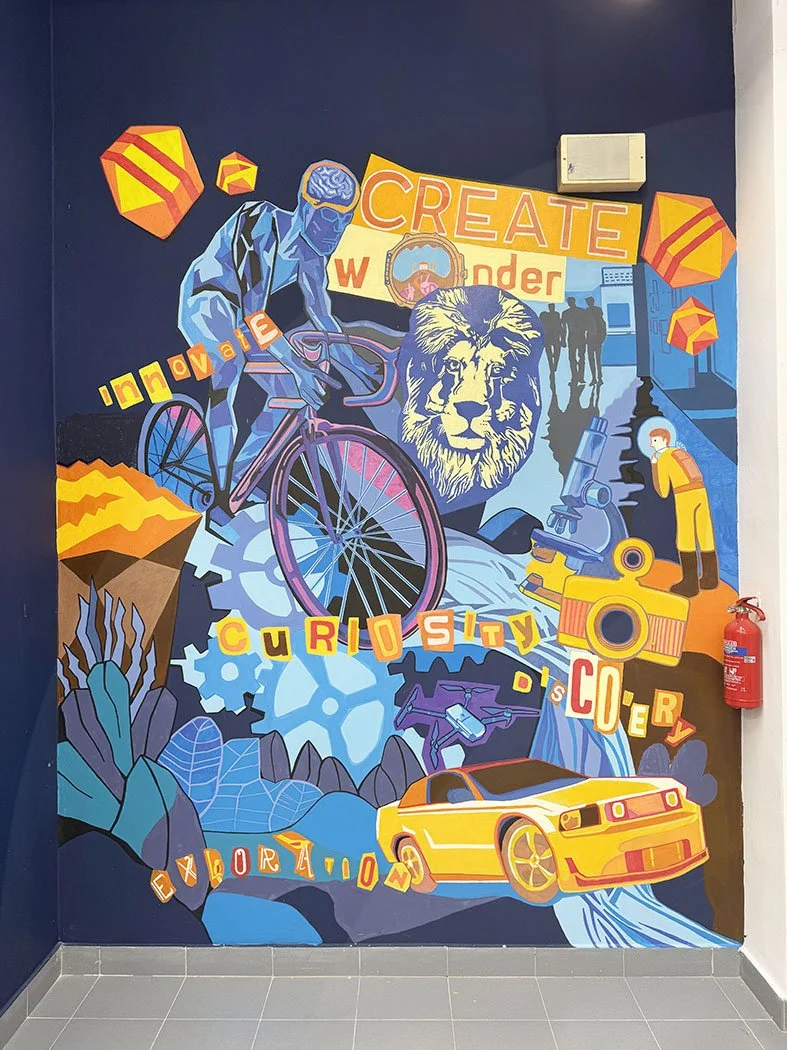 Painted Mural collaborative made by students inspired by cyanotype created during a secondary school programme in Singapore