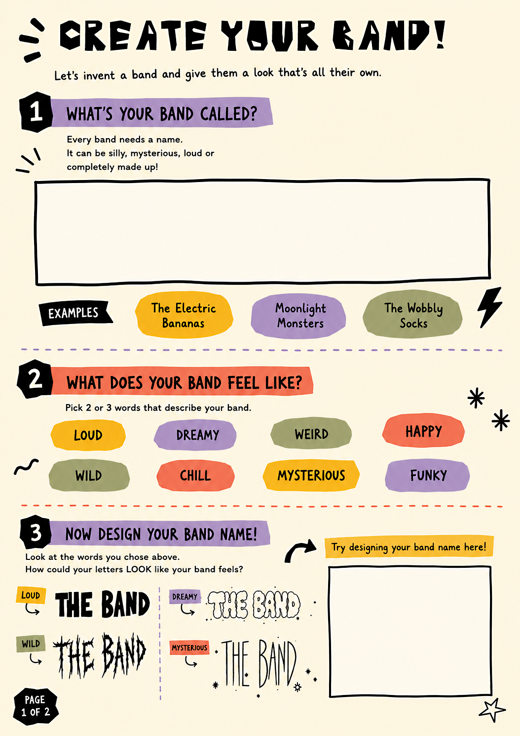 Art worksheet activity to encourage kids to think about band design part 1