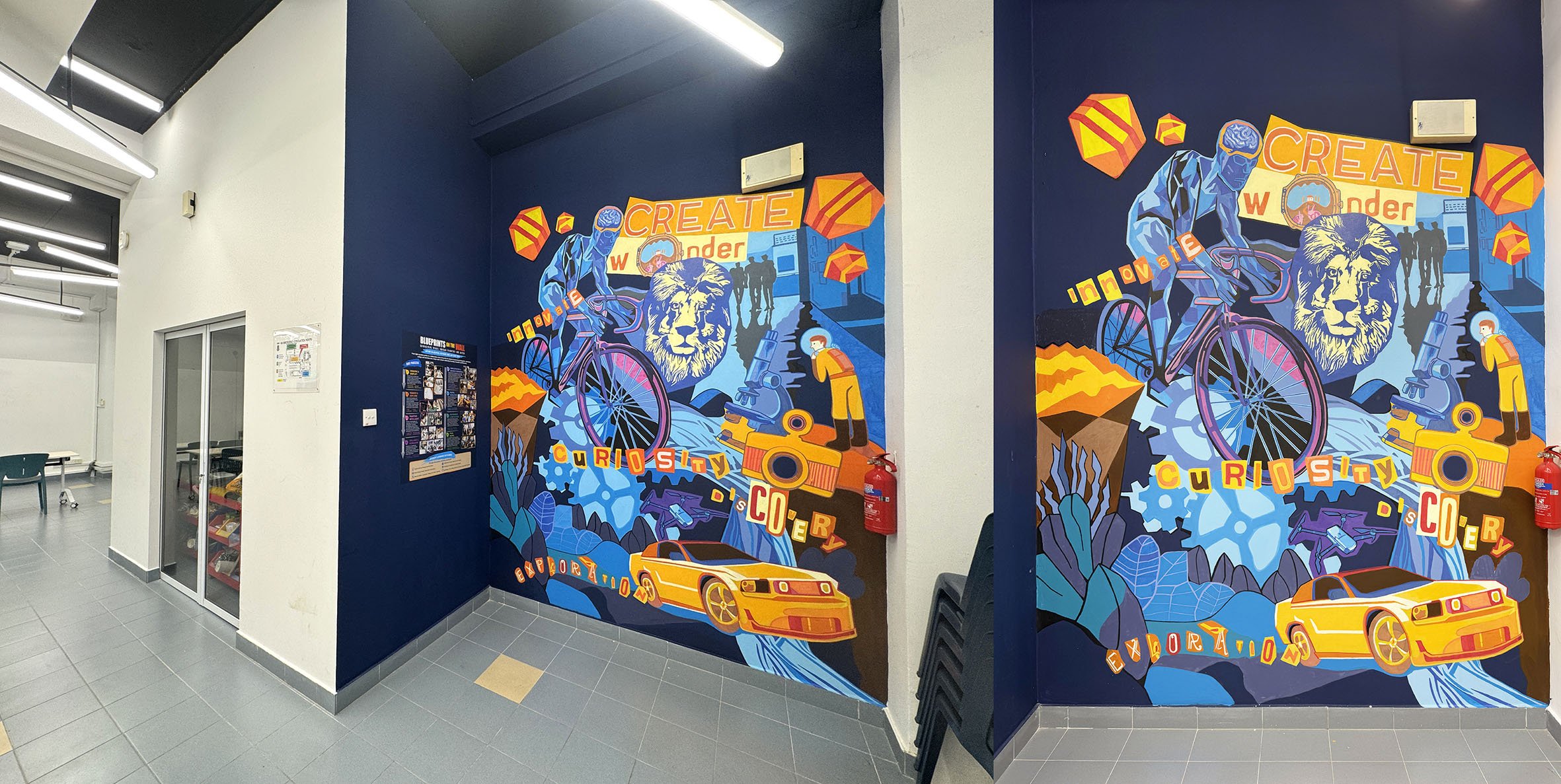 full view of a singapore school mural in their innovation room