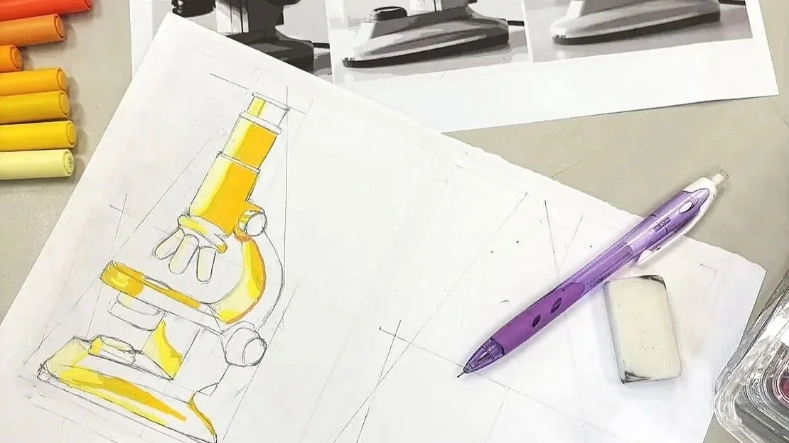 student artwork of a drawing of a microscope