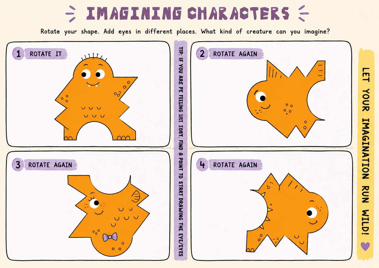 Imagining characters worksheets showing character design