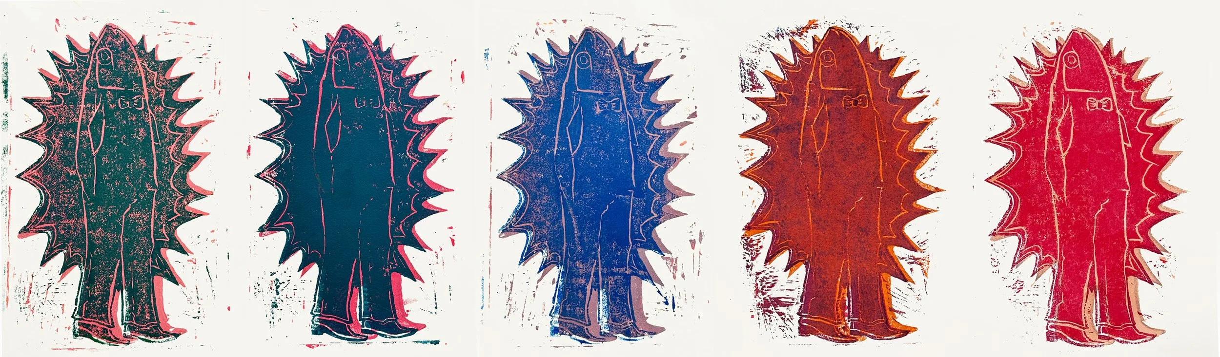 woodcut art of a fish man repeated with different colours