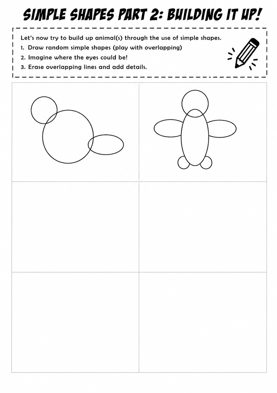 Art worksheet showing how to draw creatures by building it up from simple shapes