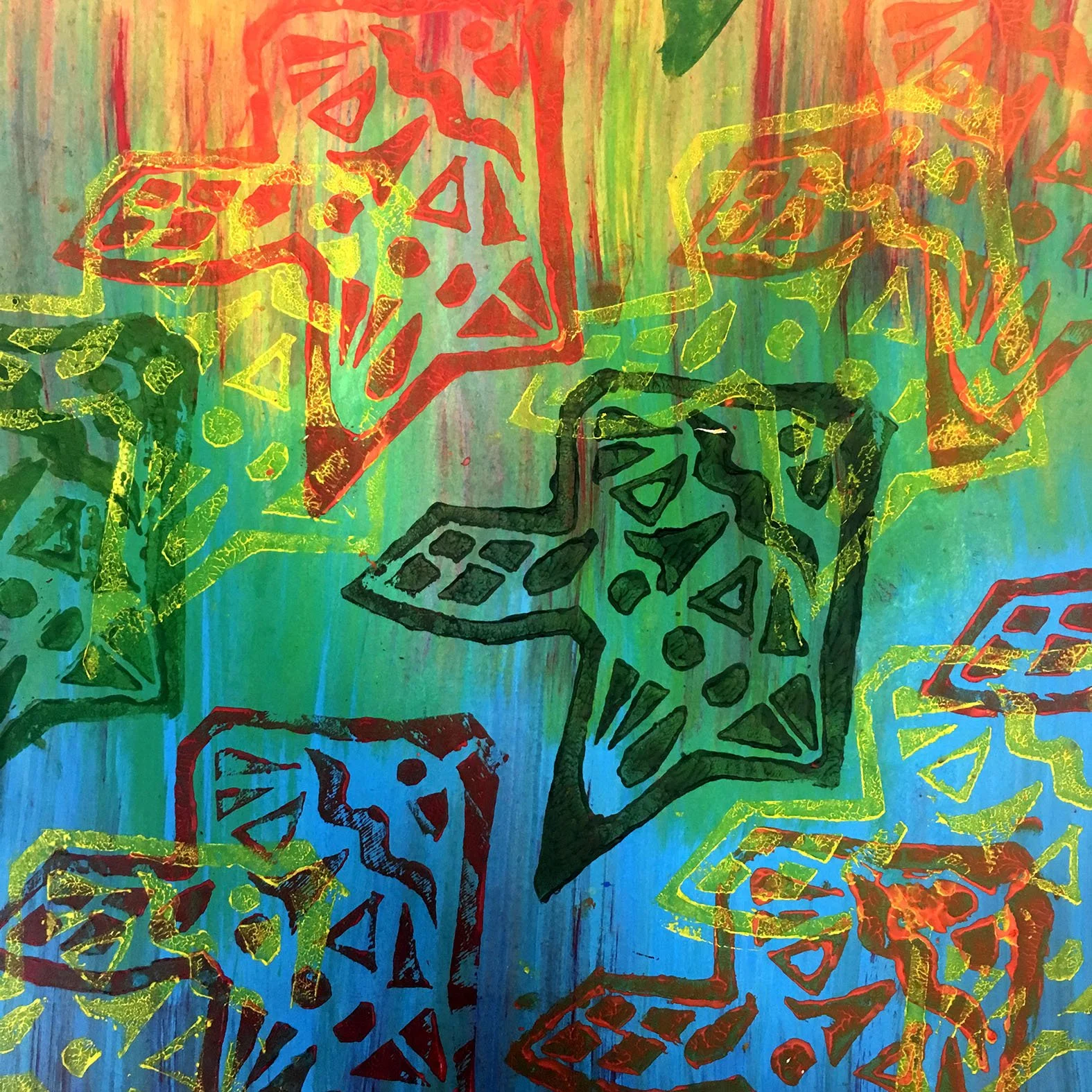 Printmaking student work using tessellation shapes