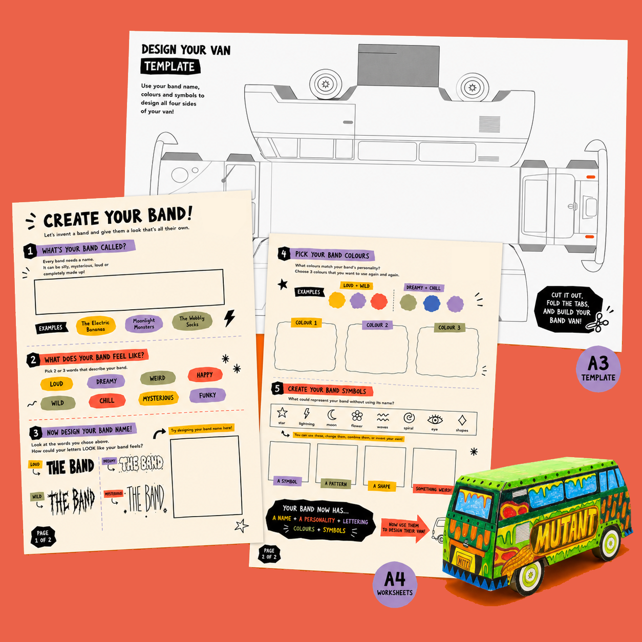 Art activity worksheet and template to create and design a paper hippie van