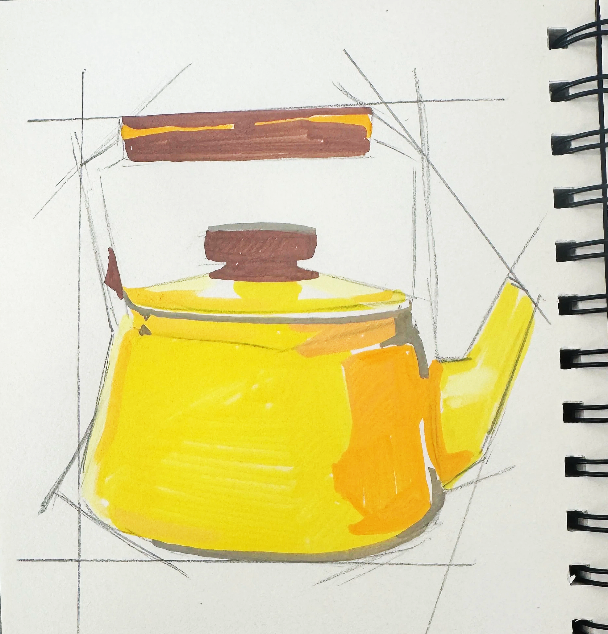 Drawing of kettle with guides and 3 colour tones