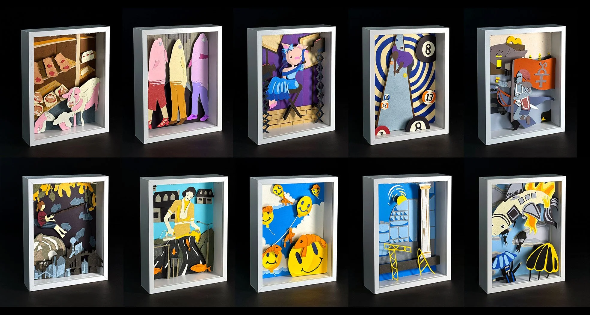 Student papercut samples shot against a black background from a school programme in Singapore