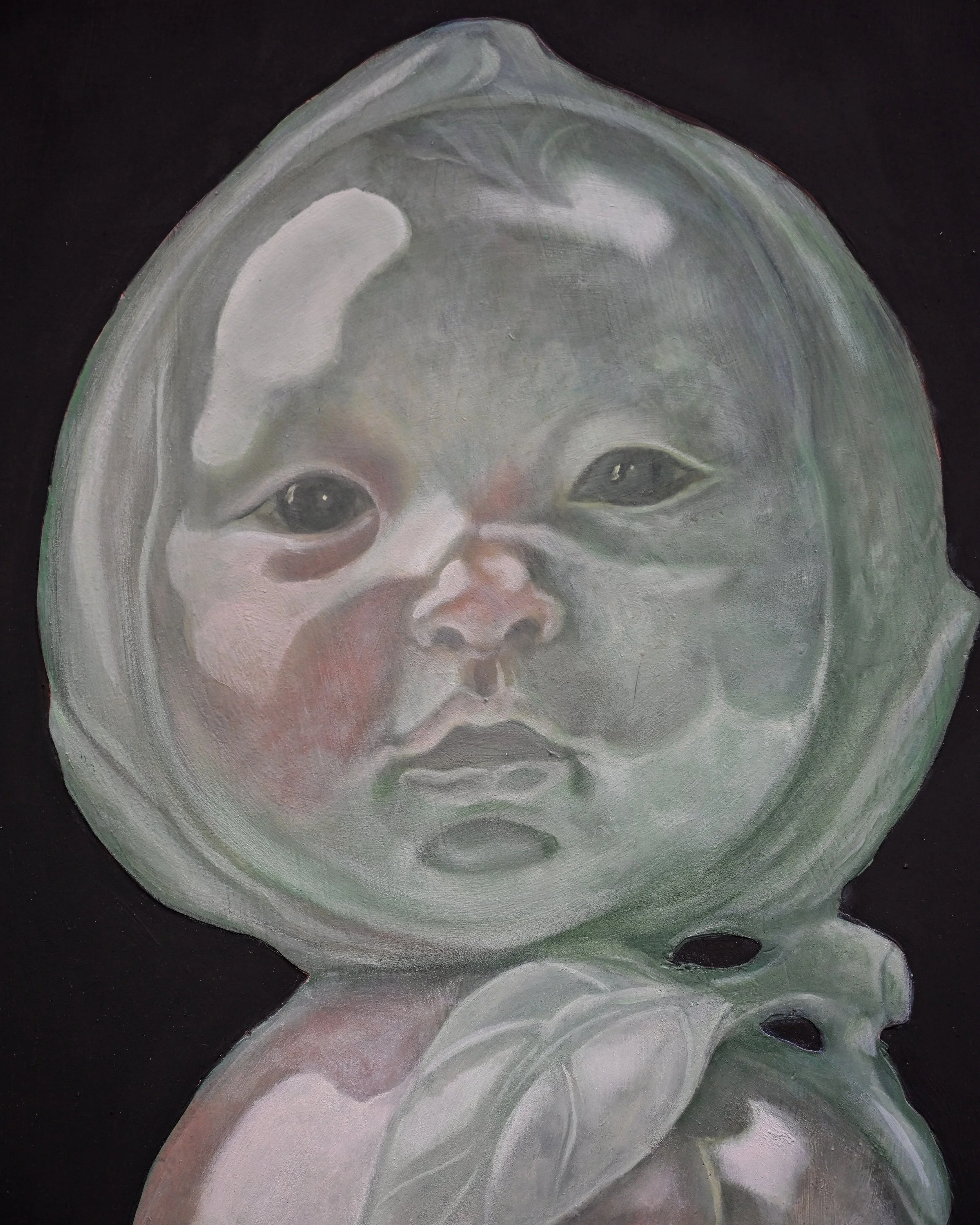 Close-up of a surreal painting of a face with a large, moon-like shape surrounding the head, set against a black background.
