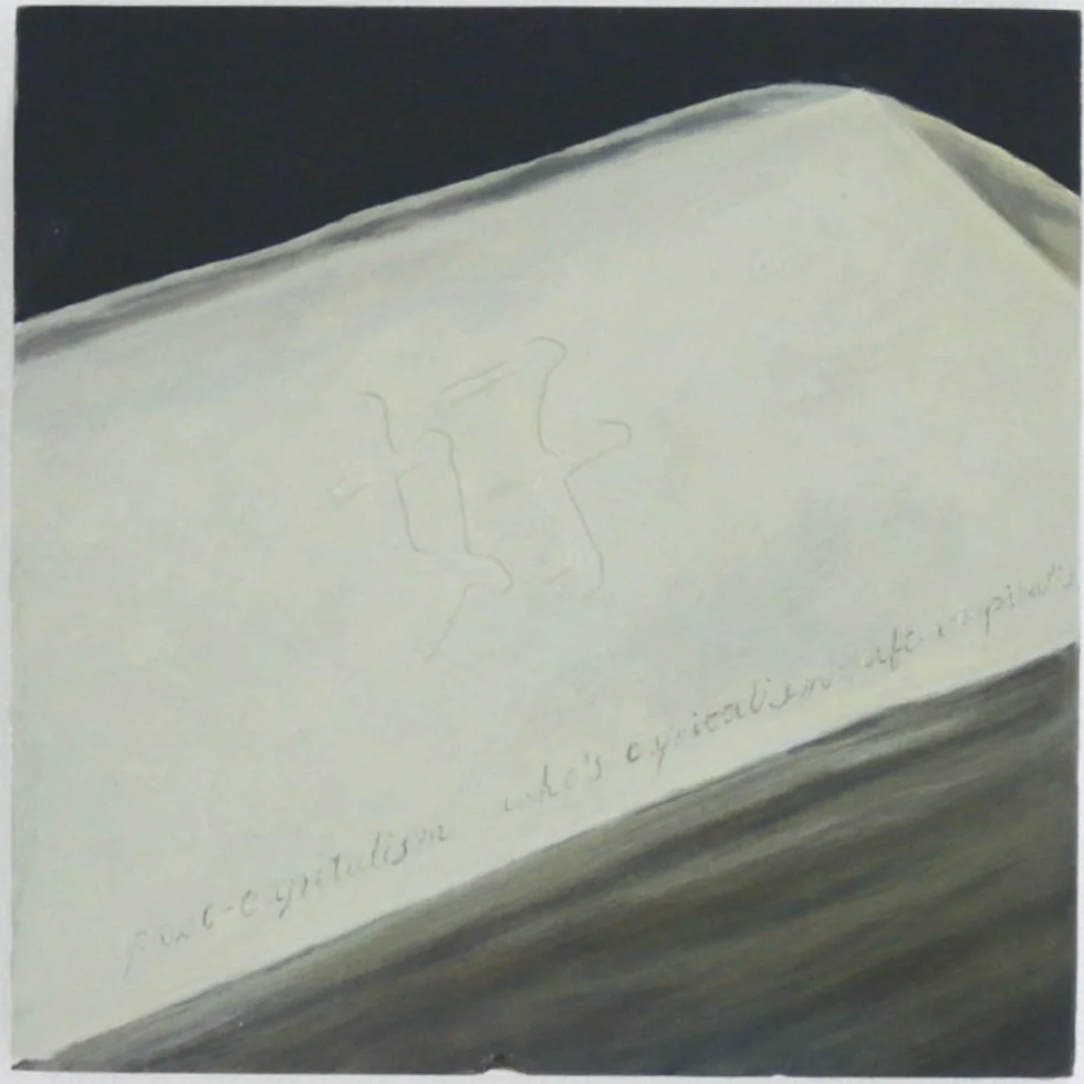 Close-up of a white square-shaped object with faint, partially visible text and symbols on its surface, lying on a darker background.