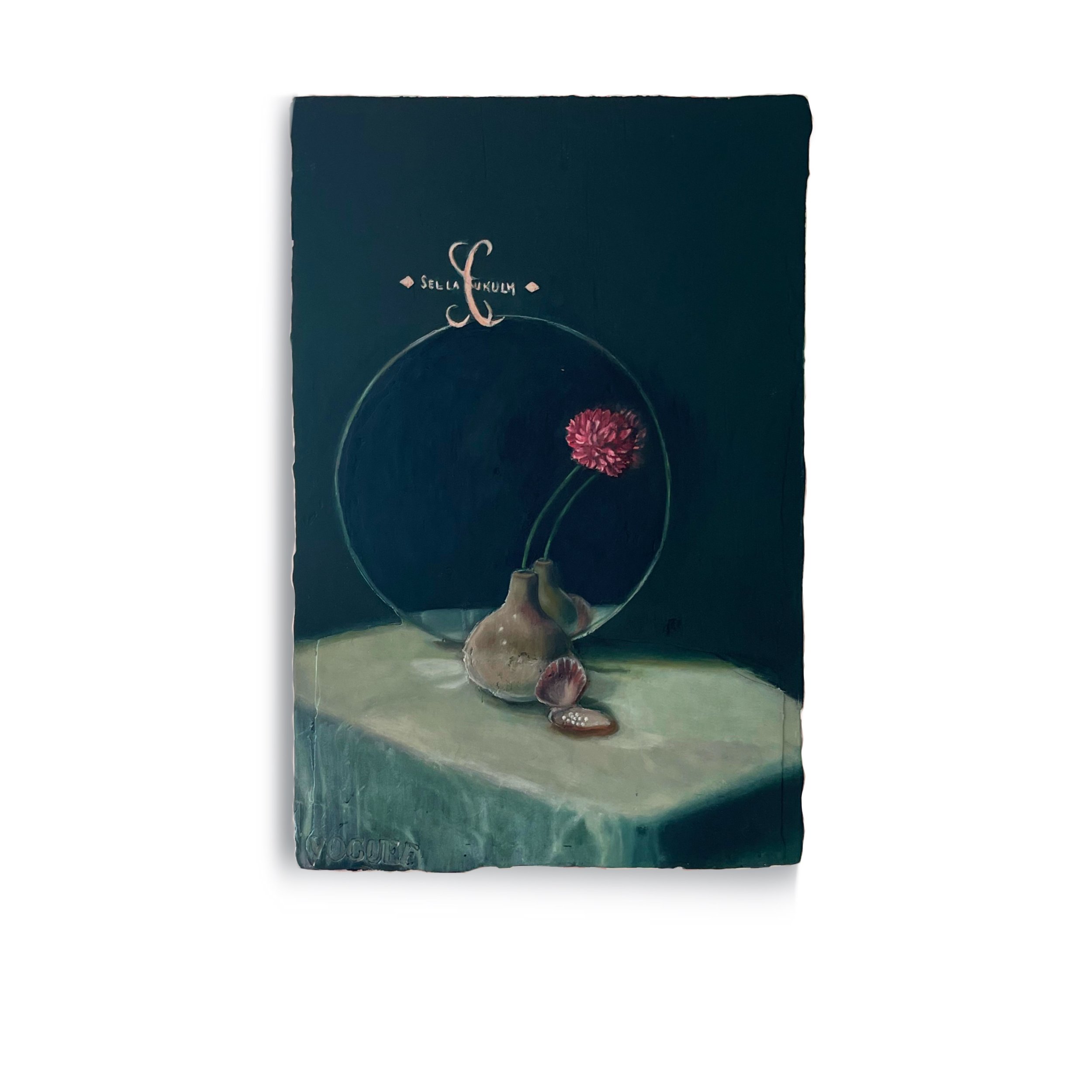 A dark blue ticket with a pink flower and the words SELLAMUKUL on it.