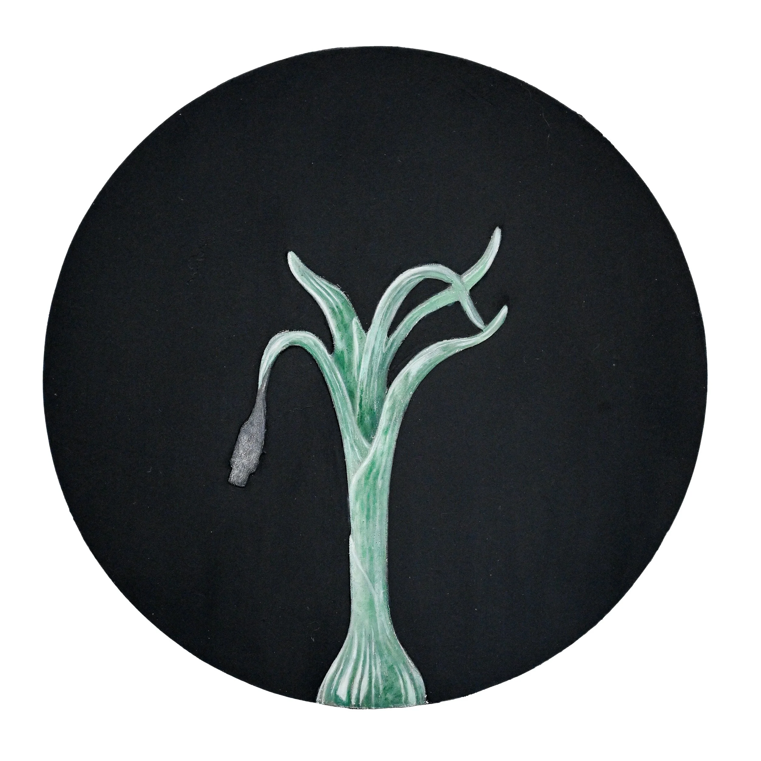A black circular logo with green and white stylized plant or sprout design in the center.