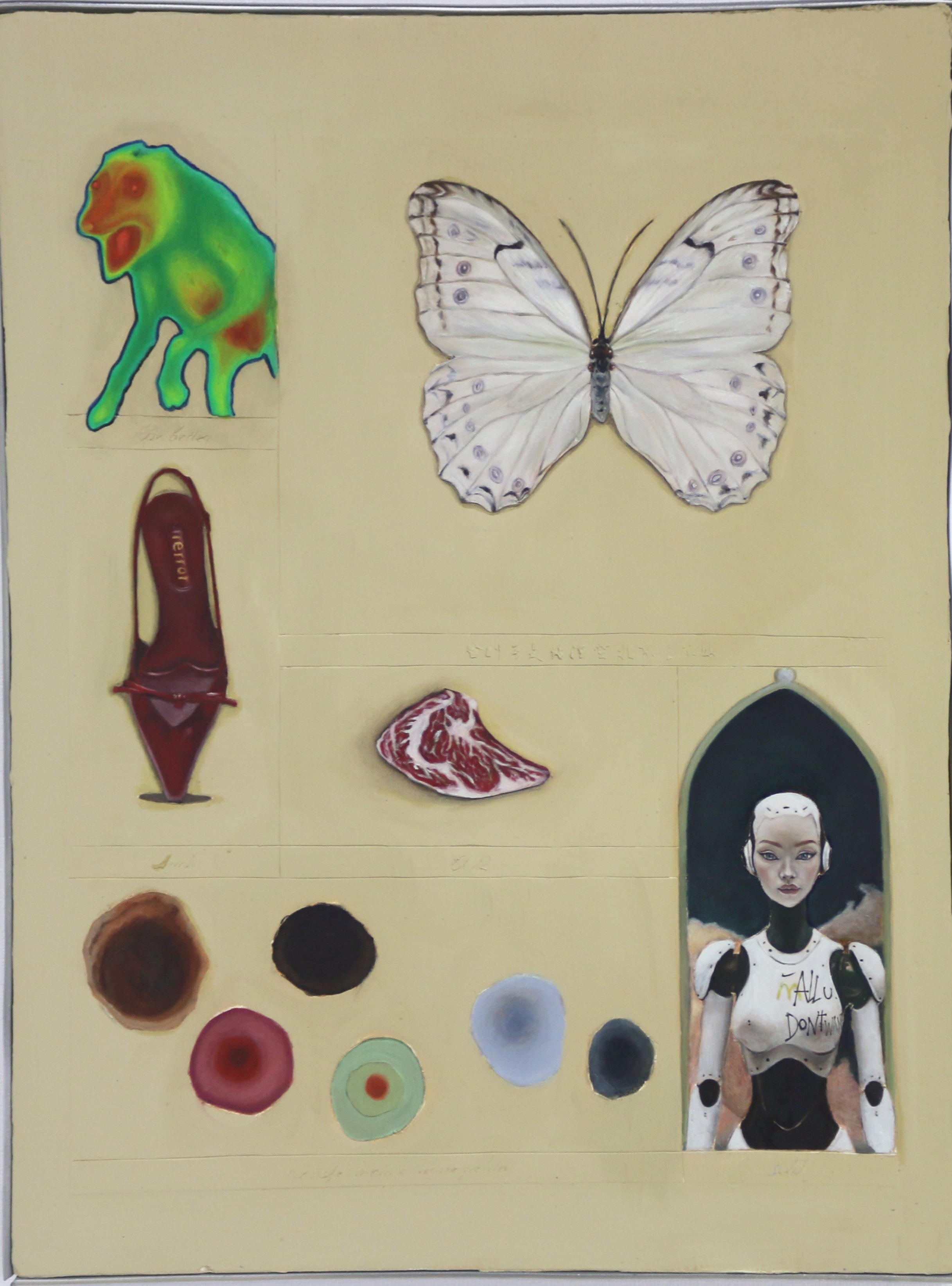 A collage of various images including a colorful abstract human figure, a white butterfly, a red lipstick, several circular color swatches, and a portrait of a woman with dark hair wearing a black and white shirt with handwritten text.
