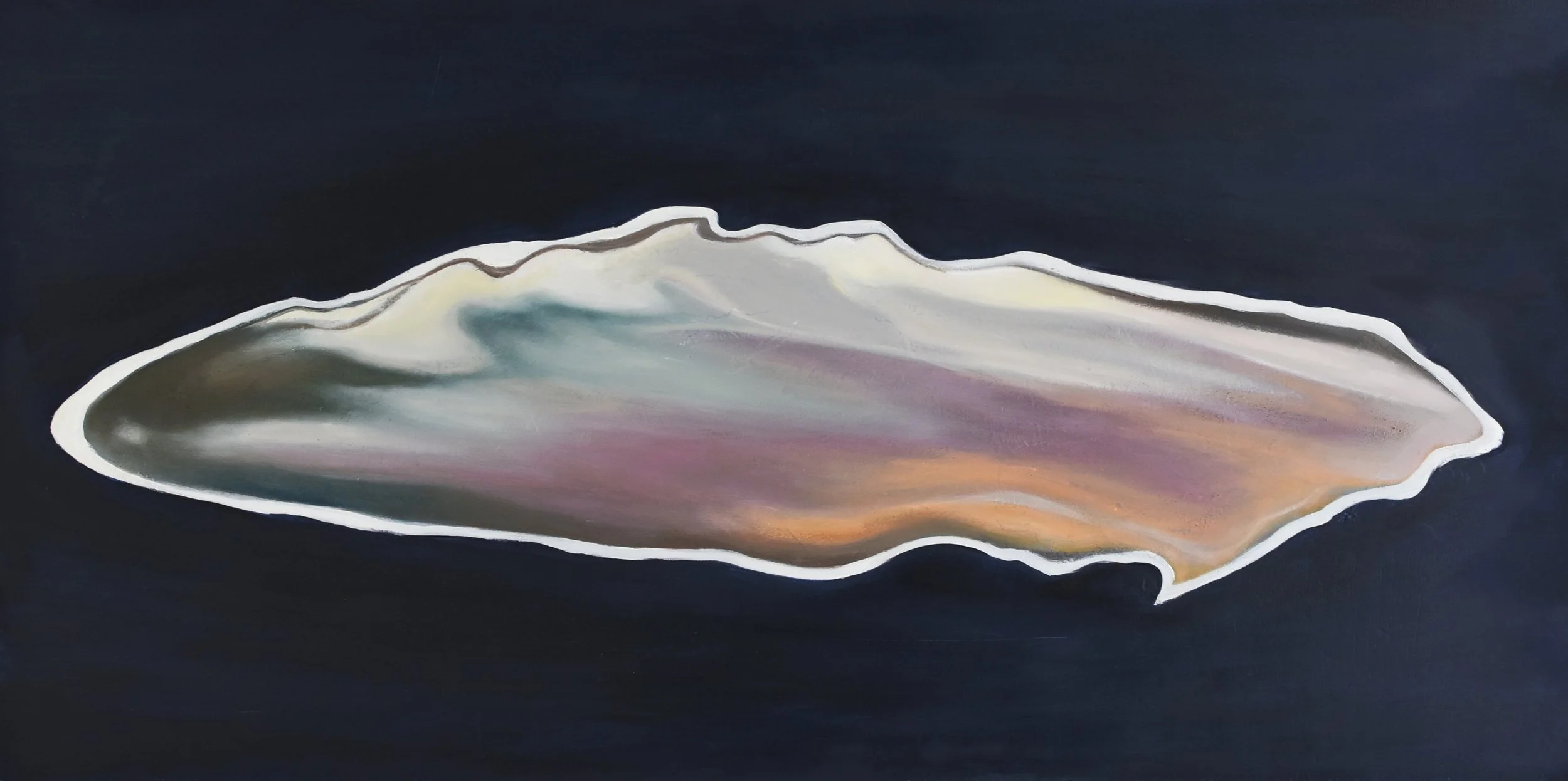 An abstract painting of a large, iridescent seashell against a dark background, with soft pastel colors blending on the shell's surface.