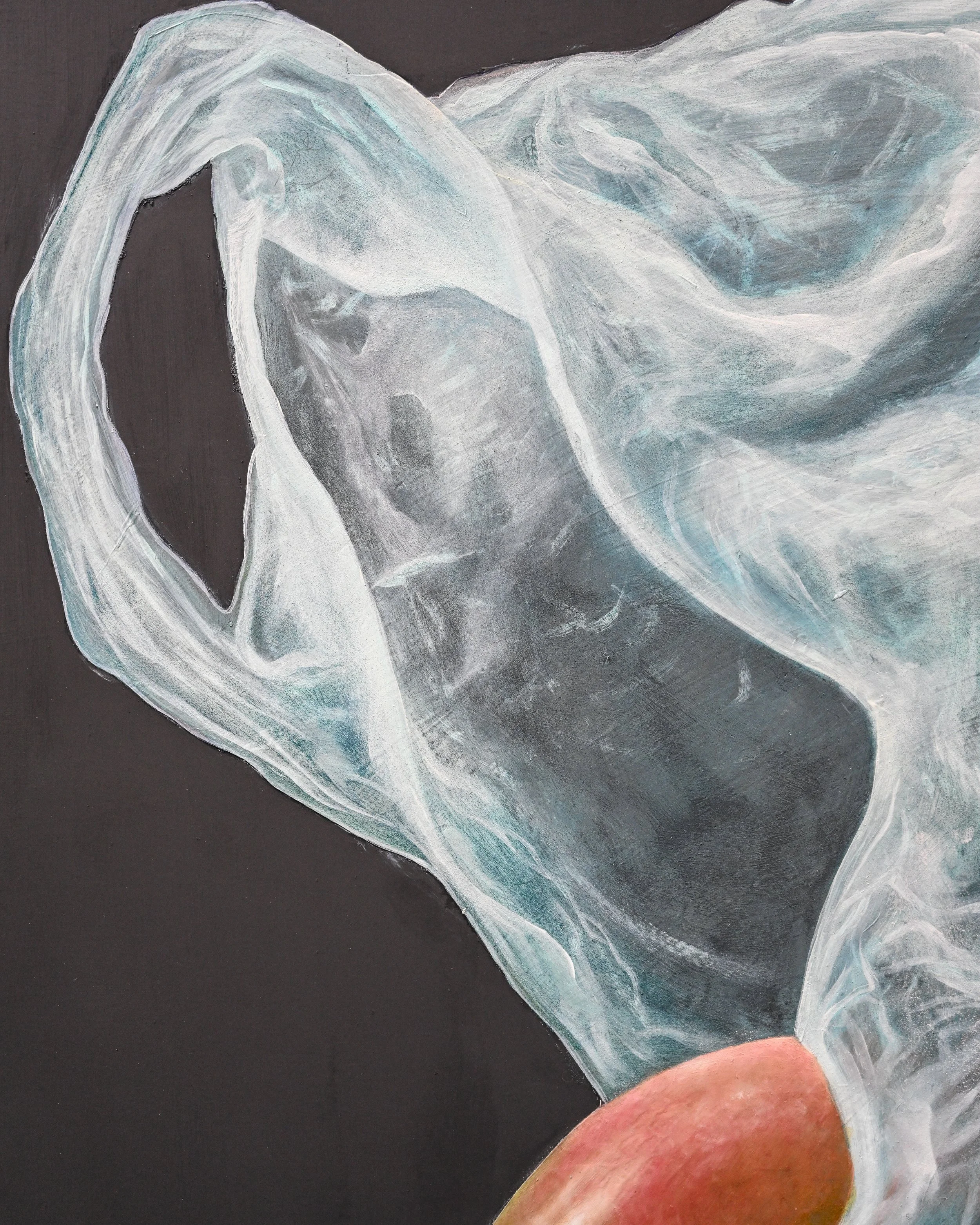 Abstract painting featuring swirling white, gray, and blue lines on a black background, with a reddish-brown circular shape at the bottom.