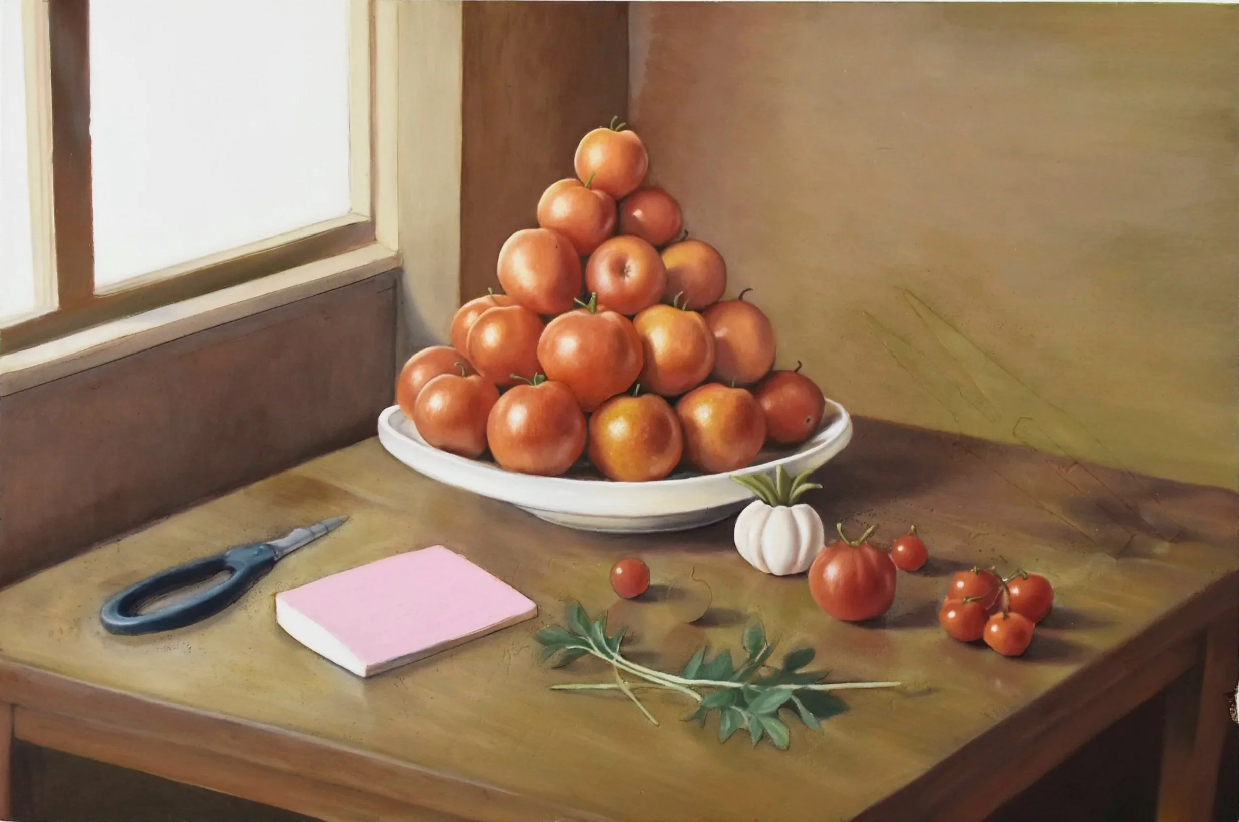 A still life painting of ripe tomatoes and a small white pumpkin on a wooden table near a window, with gardening scissors and a pink notepad in the foreground.
