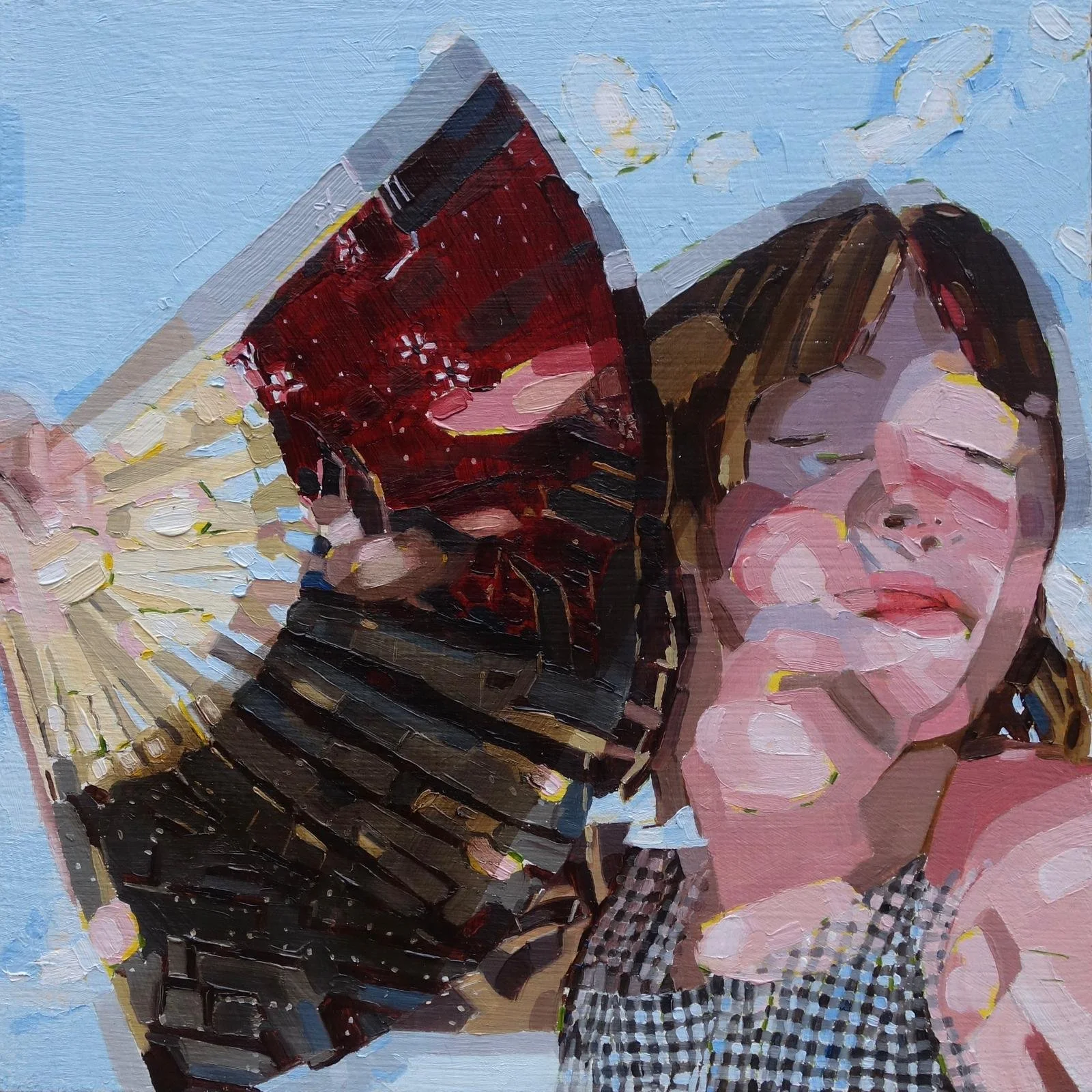 A woman holding a large slice of cherry pie with a blue sky and clouds in the background.