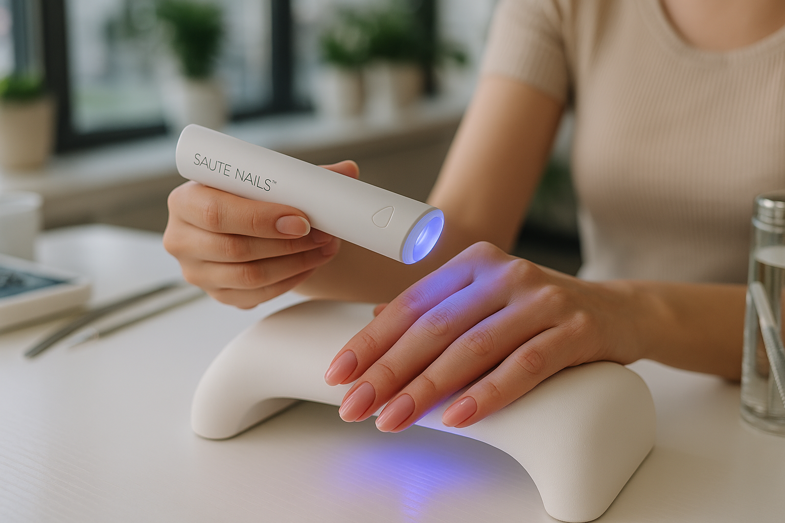 Una donna utilizza una lampada LED per la manicure chiamata SAUTE NAILS, sostenuta da una base curvata, mentre ha le mani sopra un tavolo bianco.