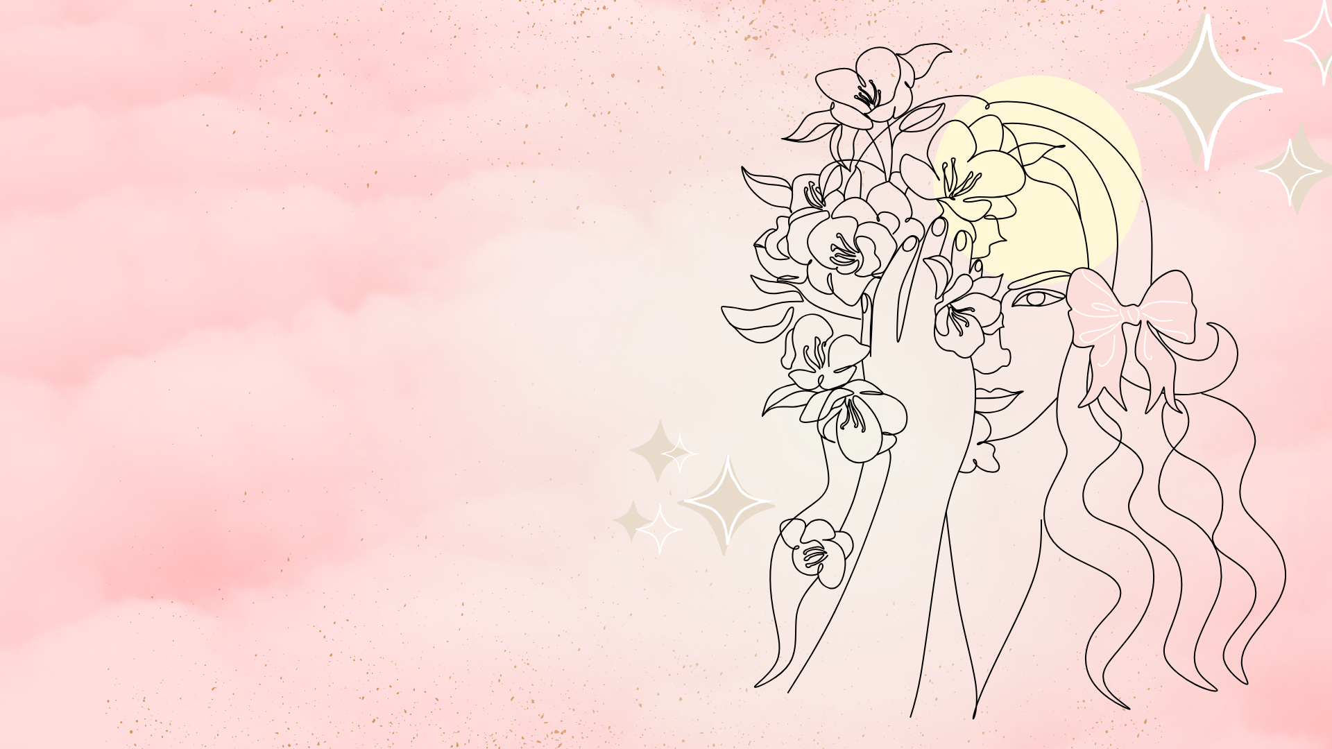 Illustrazione di una donna con capelli lunghi ricci e occhio chiuso, decorata con fiori e un fiocco rosa, sfondo rosa con stelle e dettagli dorati.