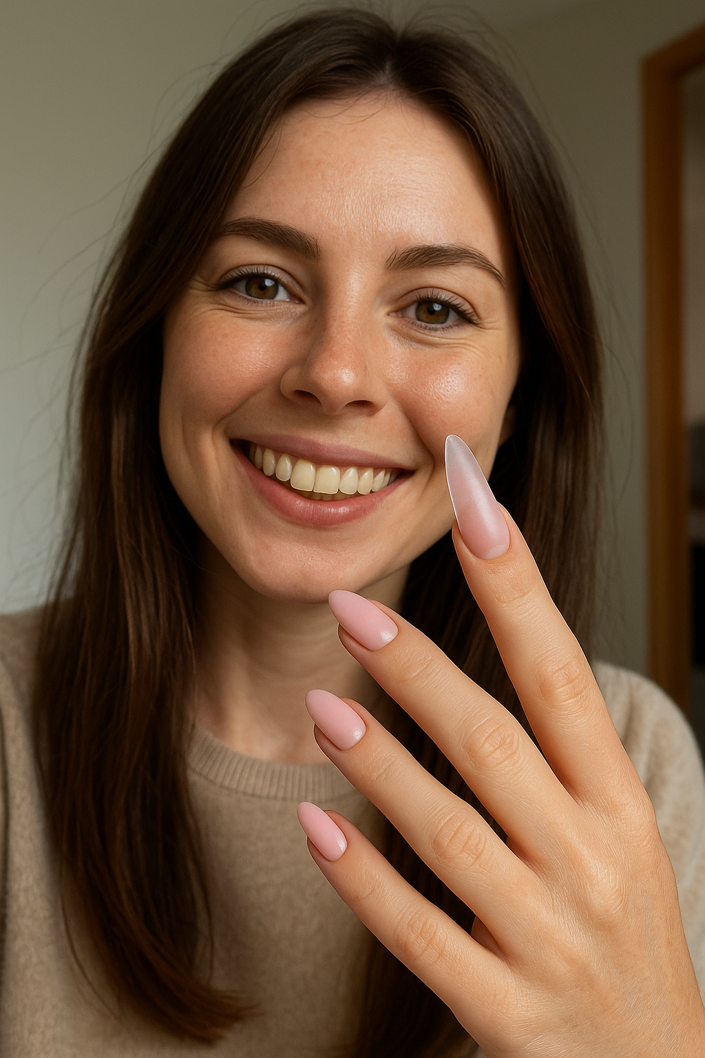 Una donna sorridente con capelli castani, che mostra le sue unghie curate e con smalto rosa, mentre tiene una mano vicino al volto.