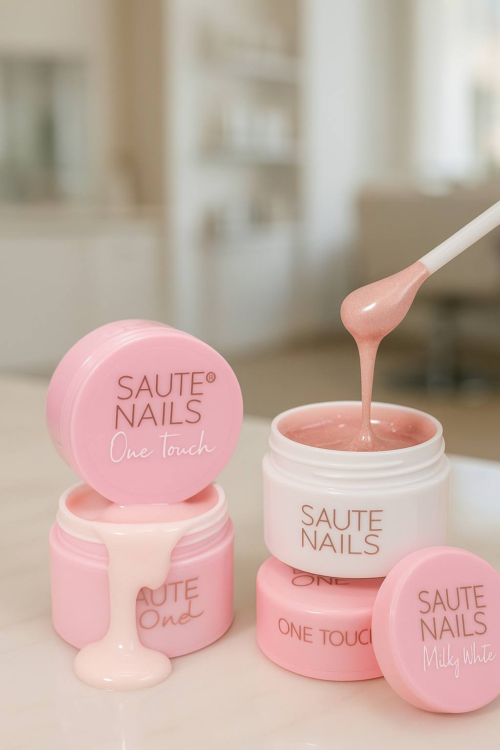 Vaso di smalto per unghie rosa con etichetta 'Saute Nails One Touch' e un applicatore che preleva il prodotto, alcuni barattoli di smalto con etichetta simile e lo smalto che cola dal contenitore.