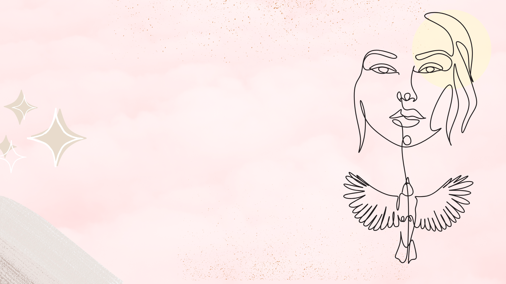 Illustrazione di un volto femminile stilizzato disegnato con linee continue, con delle ali di uccello sotto il mento, su uno sfondo rosa pastello con stelle decorative e un'illustrazione circolare gialla