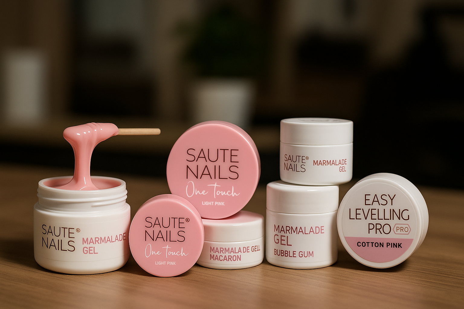 Contenitori di gel per unghie e prodotti per la cura delle unghie, alcuni con coperchi aperti, in tonalità rosa e bianca, disposti su un tavolo di legno.