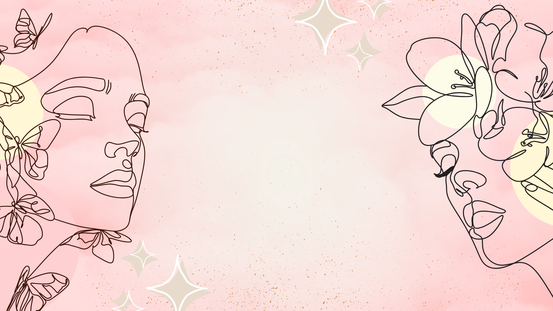 Disegno di due volti di profilo disegnati con linee sottili, con fiori e farfalle stilizzate intorno, su sfondo rosa con dettagli dorati e stelle.