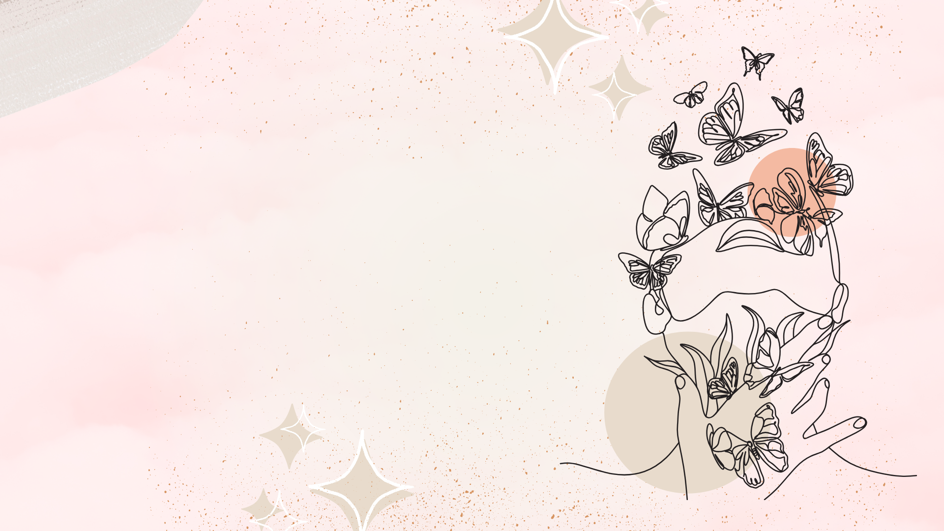 Disegno stilizzato di una persona con le mani al volto, ricoperta di farfalle e fiori, su sfondo rosa e beige con elementi di stelle e splatter